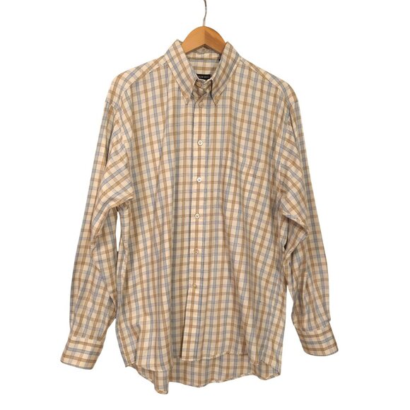 Gitman‎ Bros Button Down Shirt Mens L Beige Blue Check Business Casual - Picture 1 of 9